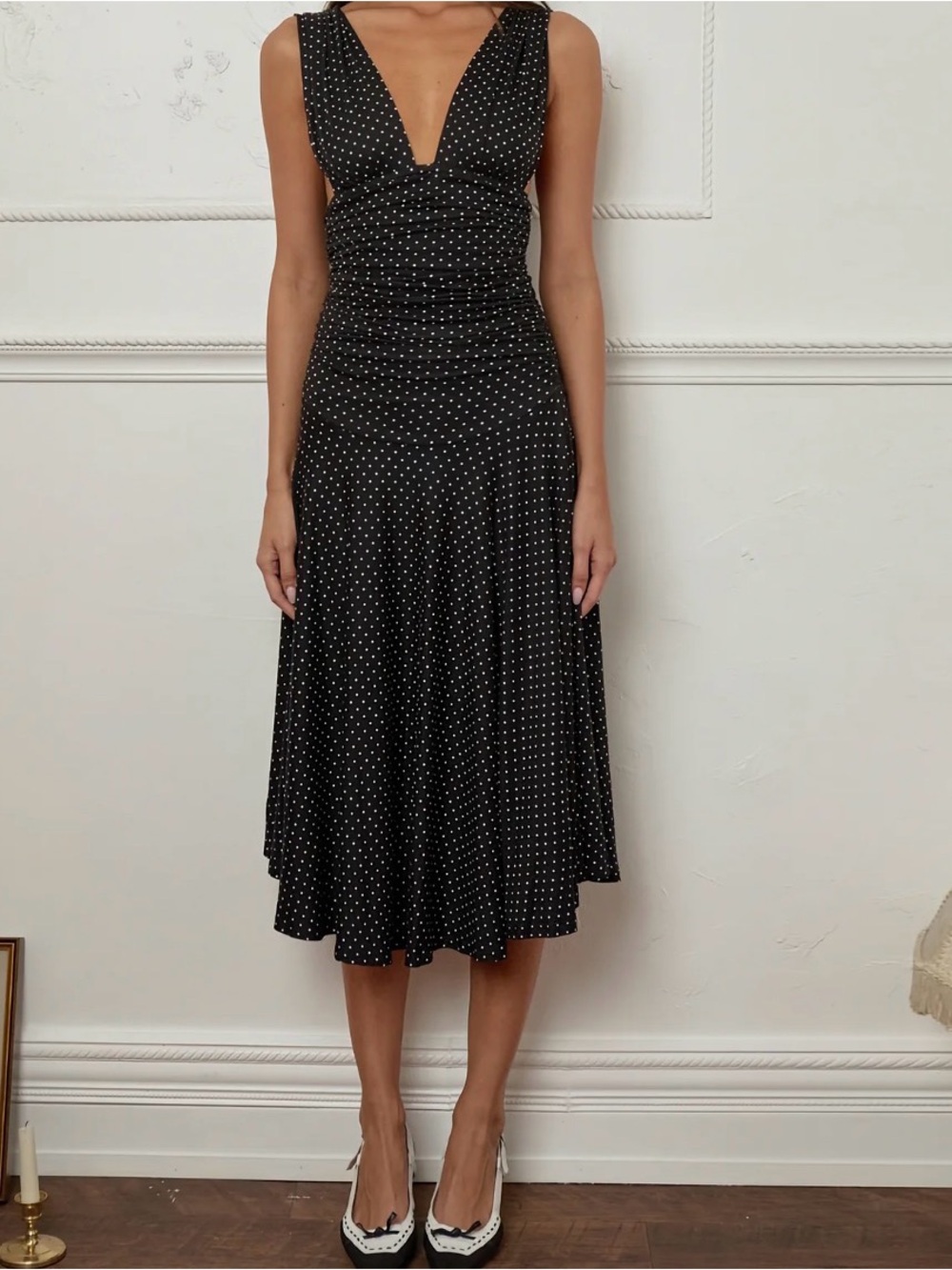 Black Polka Dot V-Neck Midi Dress